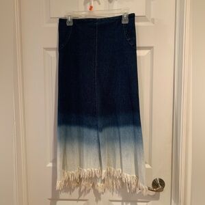 Blue Ombre Denim Skirt with Fringe Hem 96% Cotton 4% Spandex
